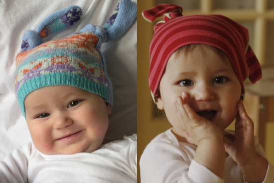 Winter hat, left, upcycled fabric; jersey hat, upcycled cotton fabric.